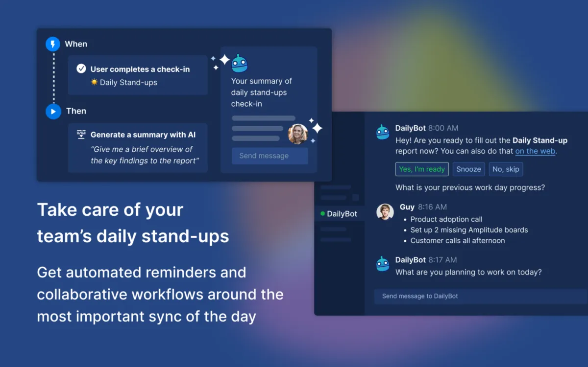 Interface Dailybot for Slack: fonctionnalités, prix, alternatives