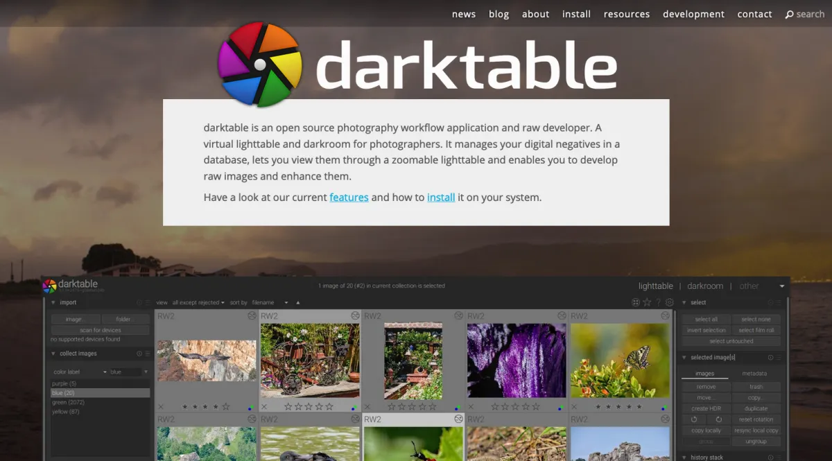Interface Darktable : image, ergonomie, alternatives