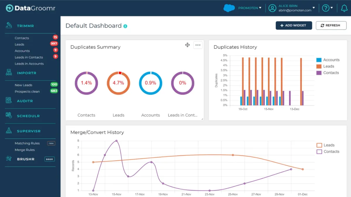 DataGroomr est un logiciel de qualité des données populaire qui existe en version gratuite ou payante (à partir de 4 €) 