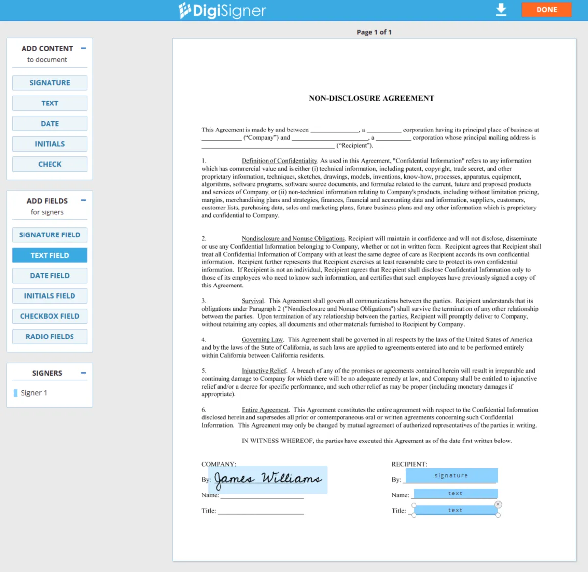 Interface DigiSigner: fonctionnalités, prix, alternatives