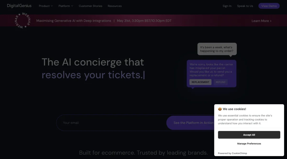 Interface DigitalGenius : fonctionnalités, prix, alternatives