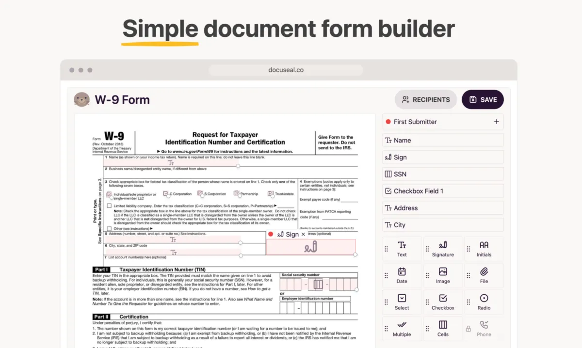 Interface DocuSeal: fonctionnalités, prix, alternatives