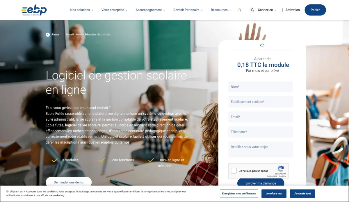 Interface EBP Gestion scolaire en ligne : fonctionnalités, prix, alternatives