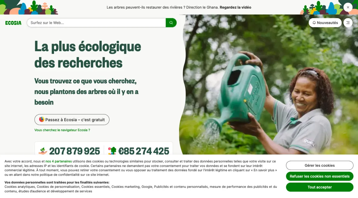 Interface Ecosia : fonctionnalités, prix, alternatives