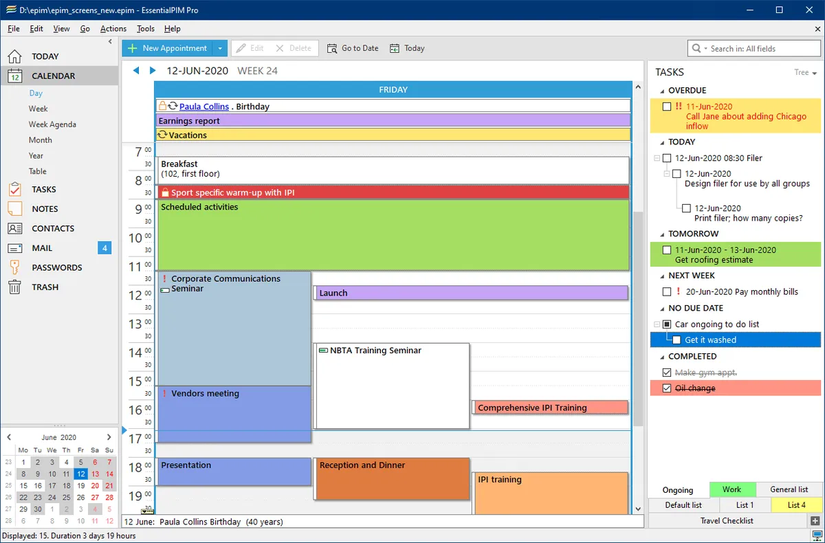 Interface EssentialPIM: fonctionnalités, prix, alternatives