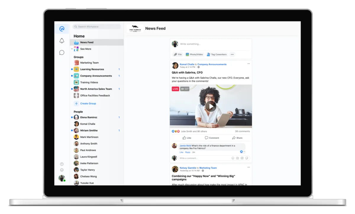 Interface Facebook Workplace: fonctionnalités, prix, alternatives