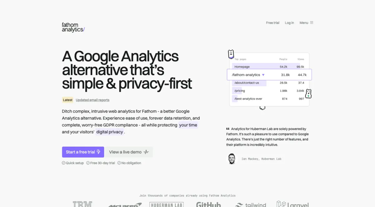 Interface Fathom Analytics : image, ergonomie, alternatives Interface Fathom Analytics : image, ergonomie, alternatives