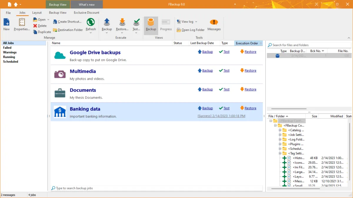 Interface FBackup: fonctionnalités, prix, alternatives
