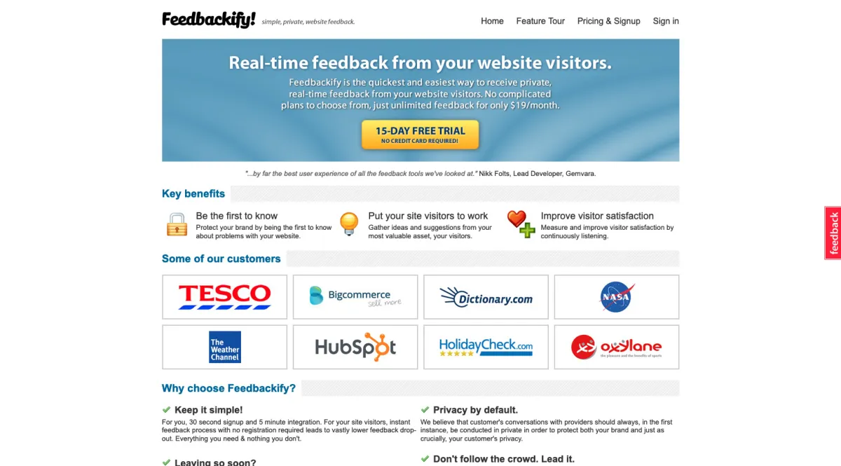 Interface Feedbackify : fonctionnalités, prix, alternatives