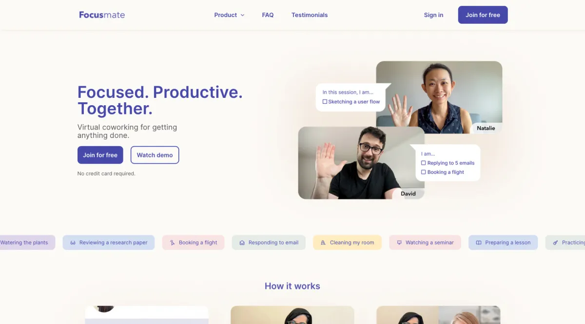 Interface Focusmate : fonctionnalités, prix, alternatives