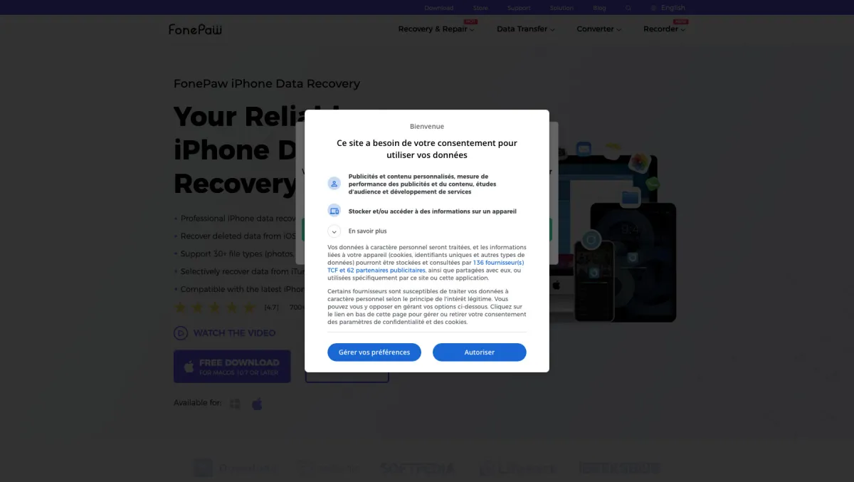 Interface FonePaw iPhone Data Recovery : fonctionnalités, prix, alternatives