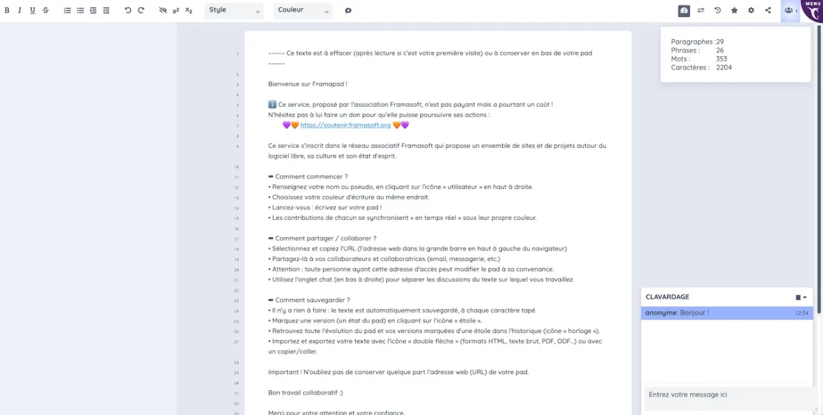 Notre avis sur Framapad : un logiciel de traitement de texte à découvrir