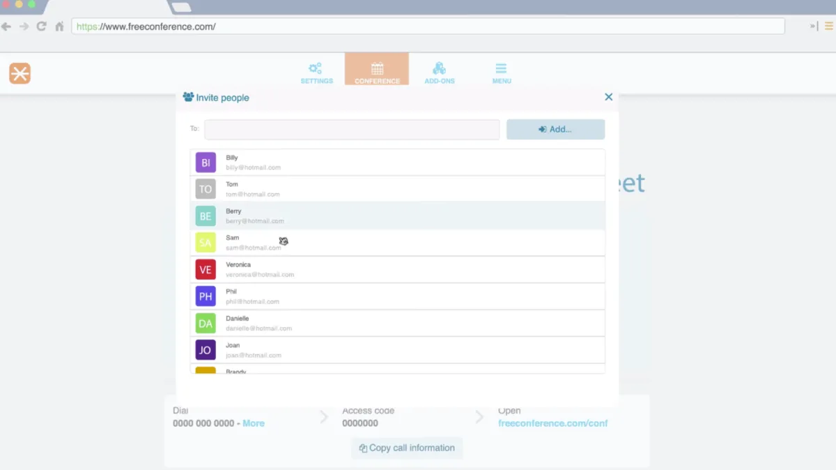 Interface FreeConference: fonctionnalités, prix, alternatives