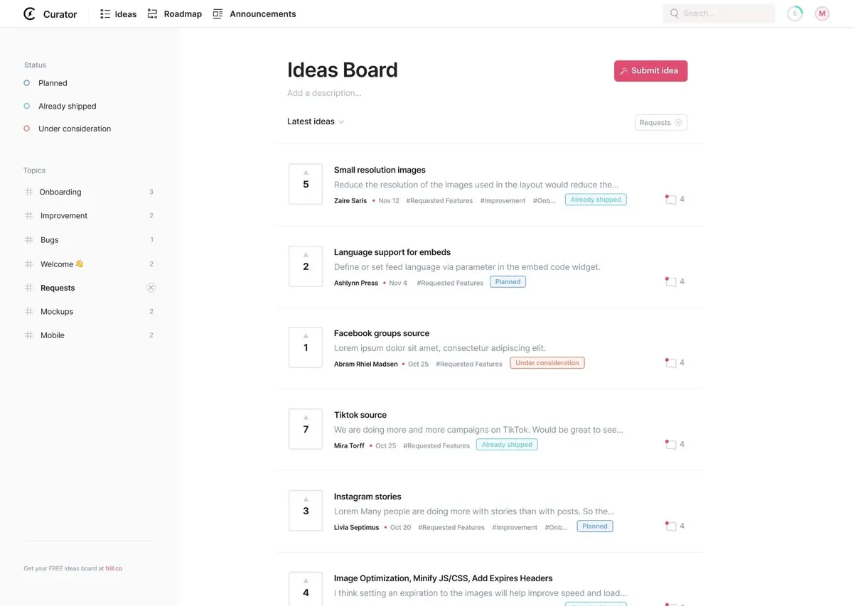 Frill est un logiciel de roadmap populaire qui existe en version gratuite ou payante (à partir de 23 €) Frill est un logiciel de roadmap populaire qui existe en version gratuite ou payante (à partir de 23 €)