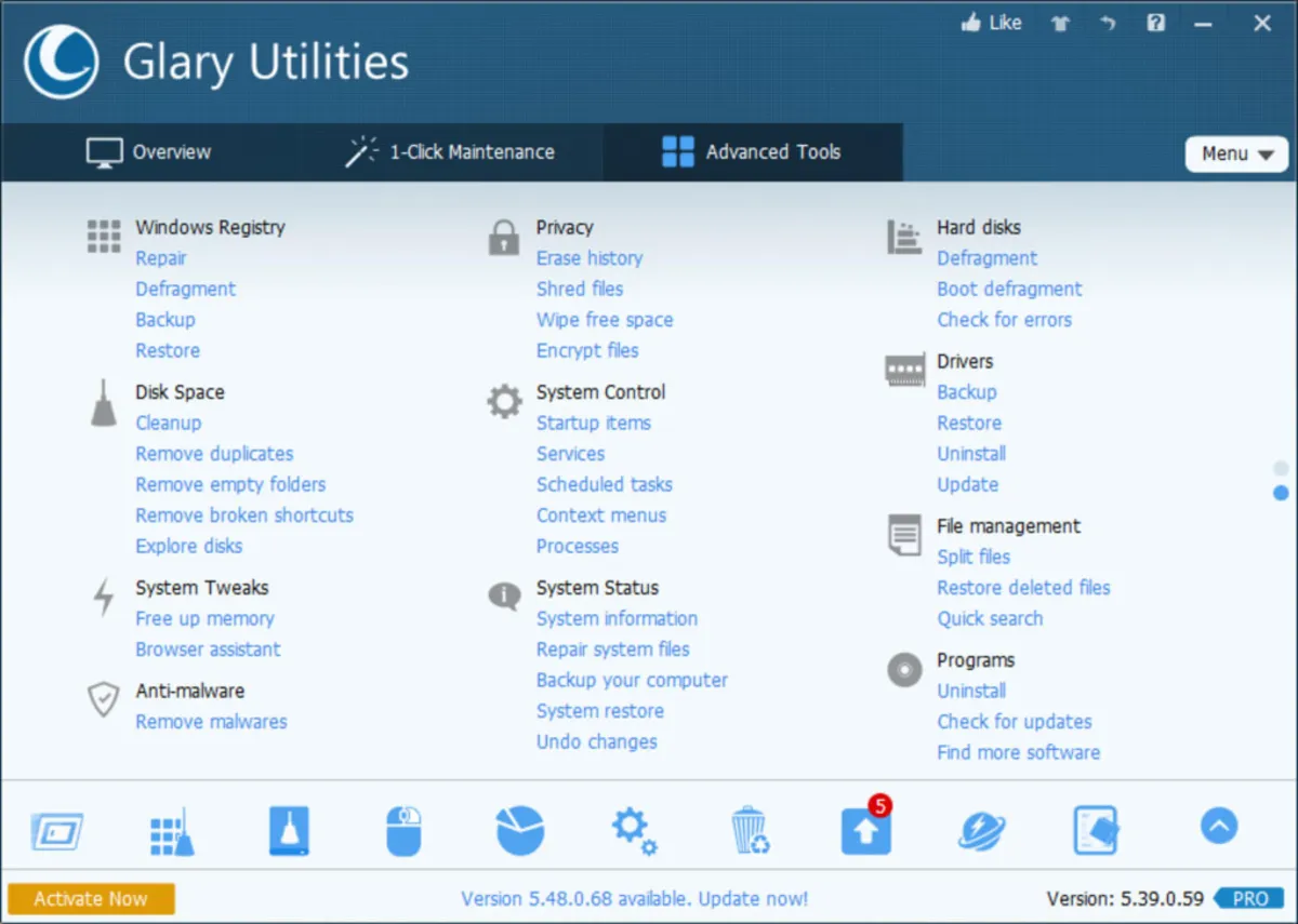 Interface Glary Utilities: fonctionnalités, prix, alternatives Interface Glary Utilities: fonctionnalités, prix, alternatives