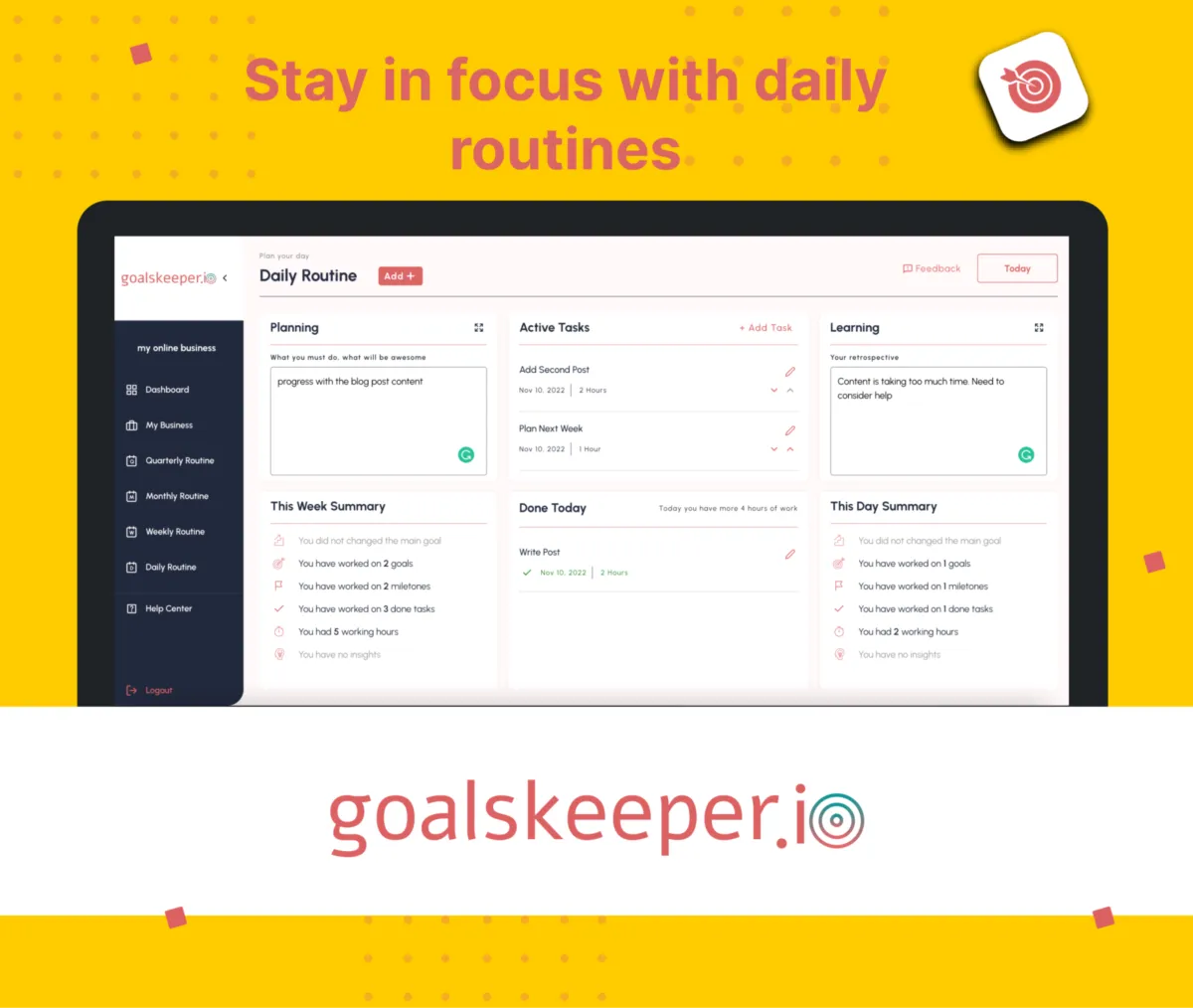 Interface goalskeeper.io: fonctionnalités, prix, alternatives
