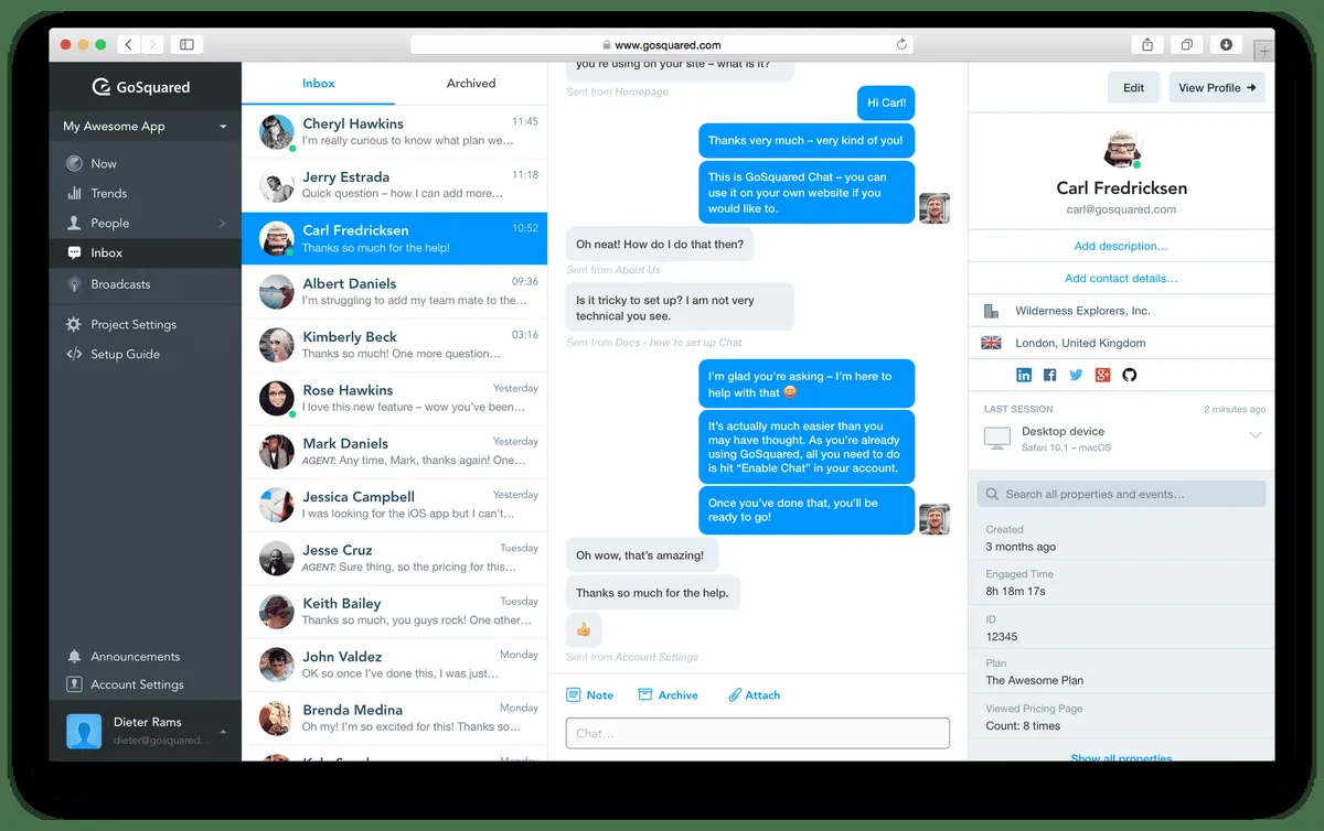 Interface Gosquared: fonctionnalités, prix, alternatives