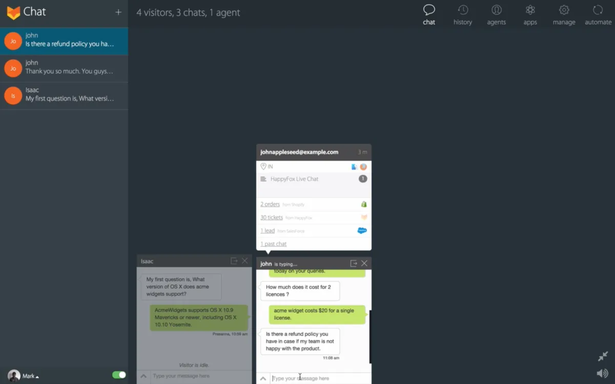 Interface HappyFox Chat: fonctionnalités, prix, alternatives