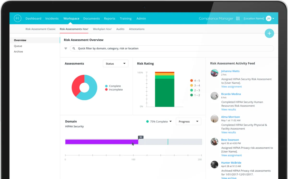 Interface Healthicity Compliance Manager: image, ergonomie, alternatives