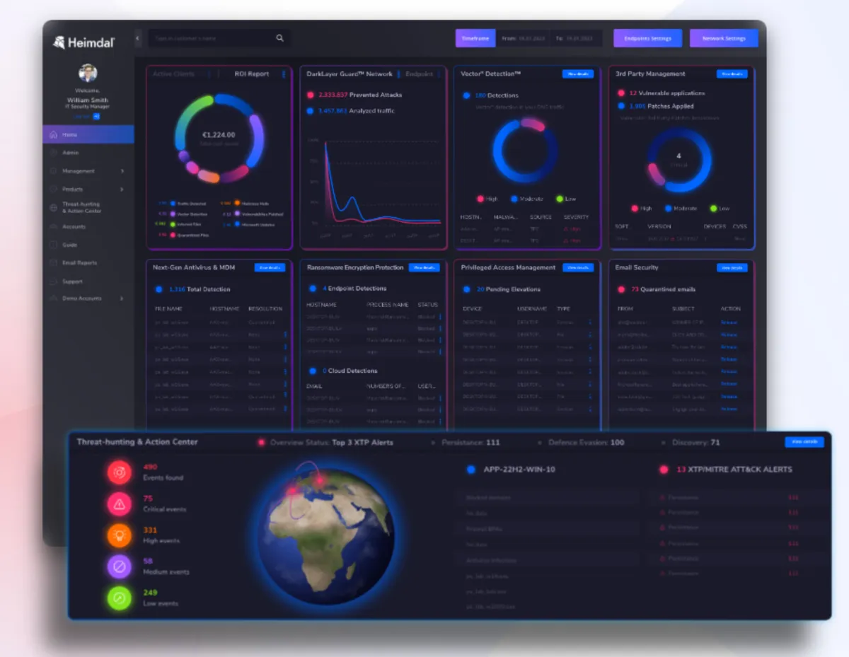 Interface Heimdal Threat-hunting & Action Center: fonctionnalités, prix, alternatives
