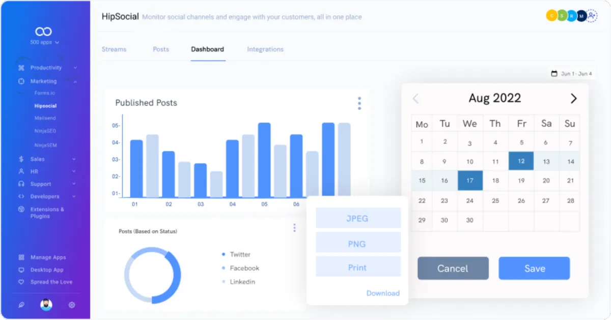Interface HipSocial: fonctionnalités, prix, alternatives