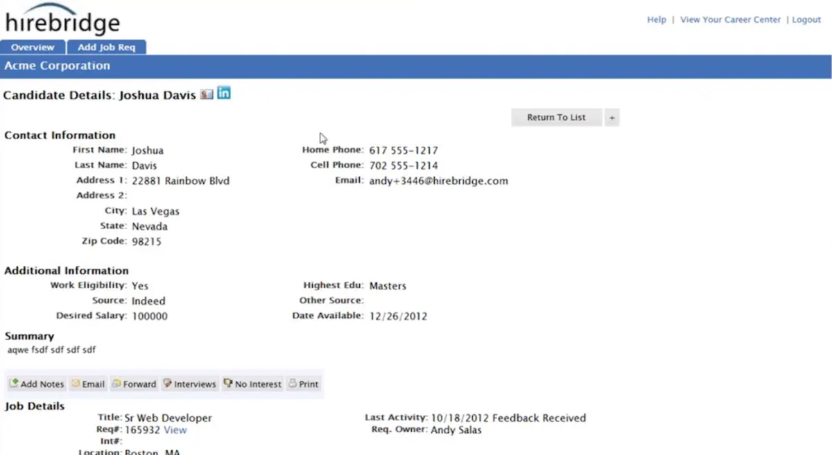 Interface HireBridge: fonctionnalités, prix, alternatives