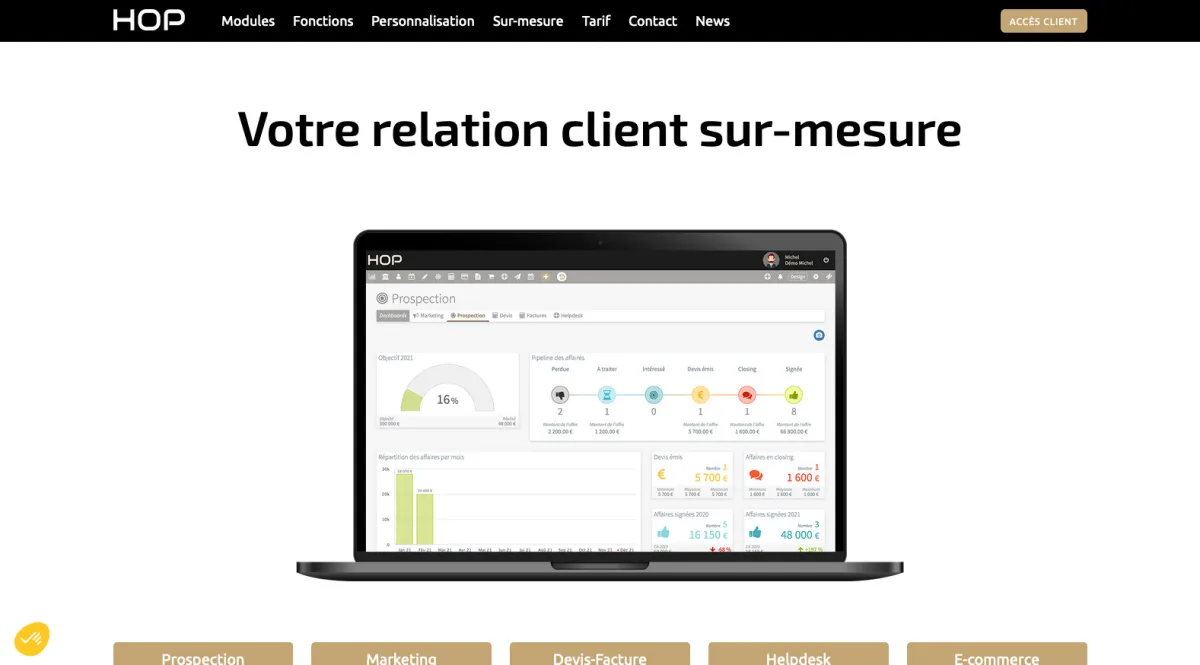 Interface Hop CRM : fonctionnalités, prix, alternatives