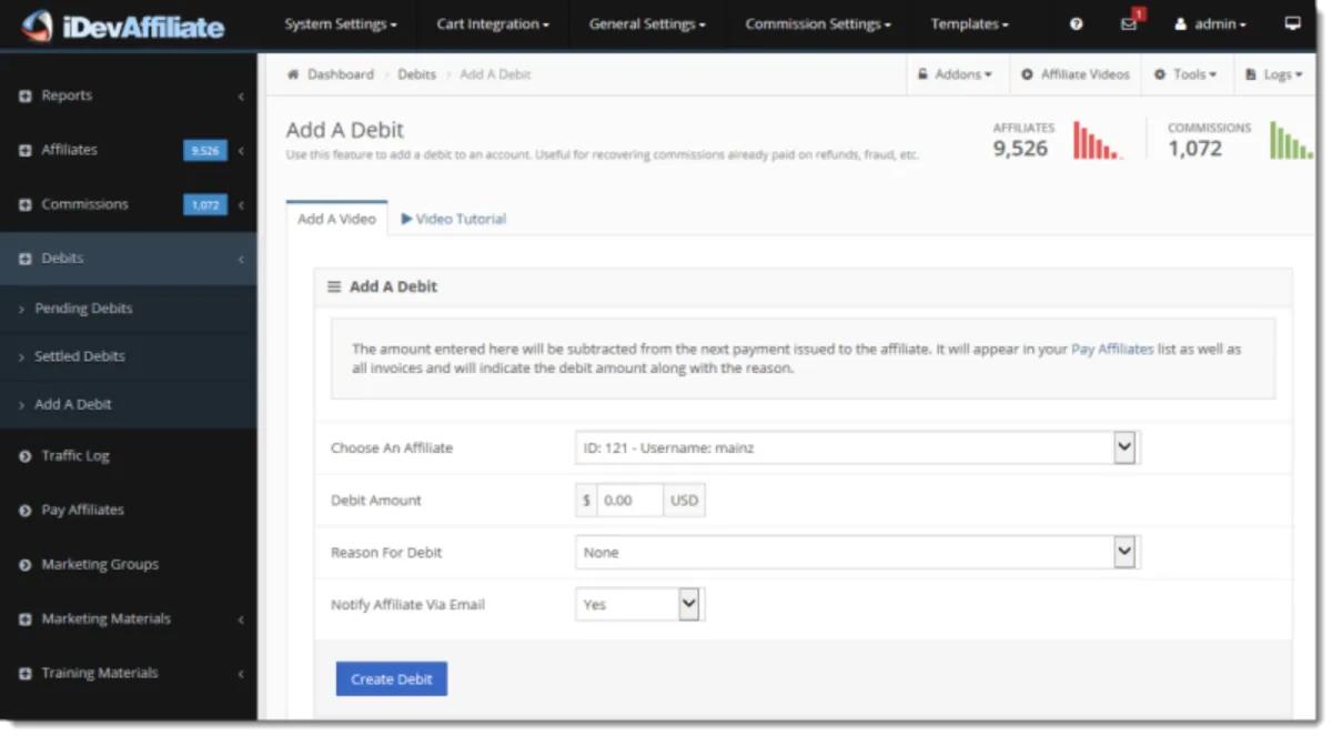 Interface iDevAffiliate: fonctionnalités, prix, alternatives