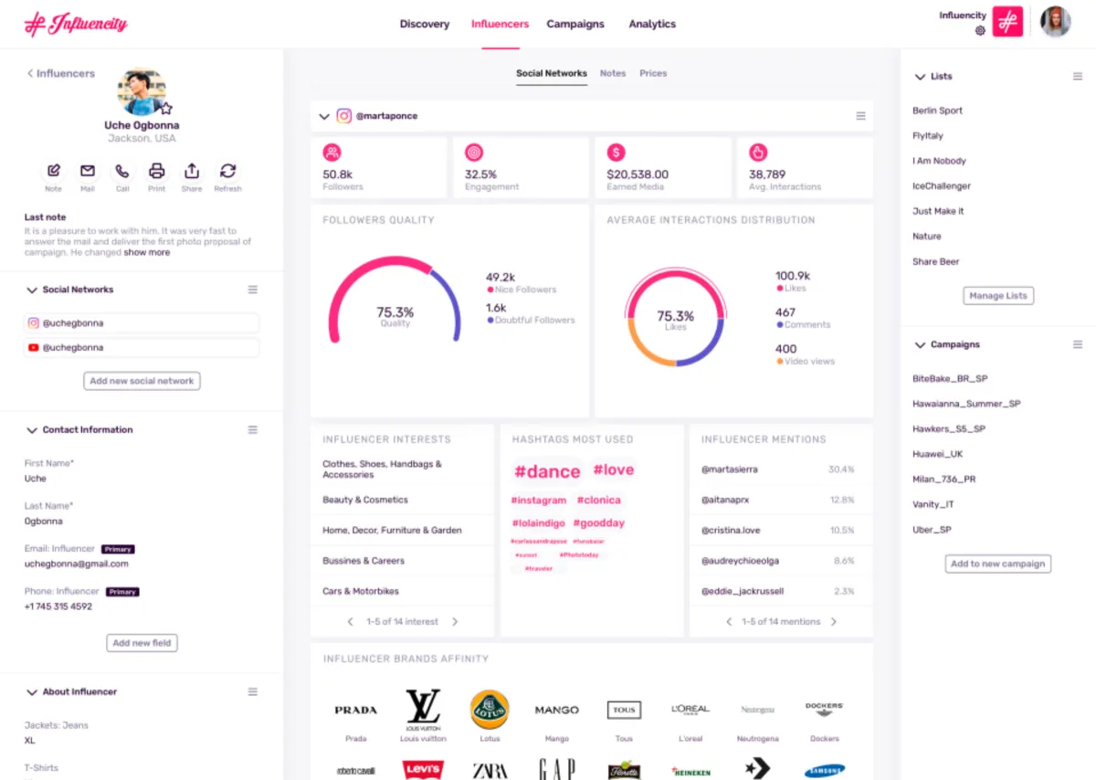Interface Influencity: fonctionnalités, prix, alternatives