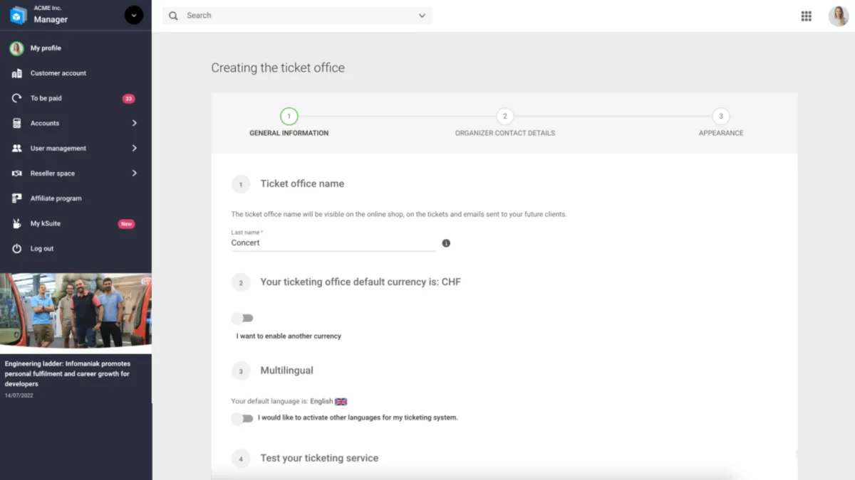 Interface Infomaniak Ticketing: fonctionnalités, prix, alternatives