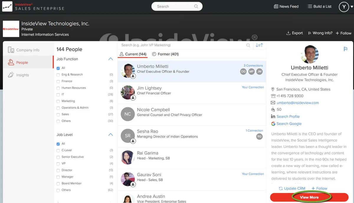 Notre avis sur InsideView : un logiciel d'automatisation de la force de vente (SFA: sales force automation) à découvrir