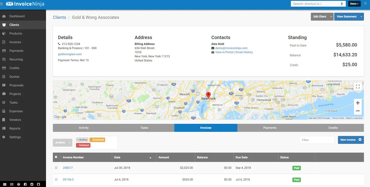 Interface Invoice Ninja: fonctionnalités, prix, alternatives