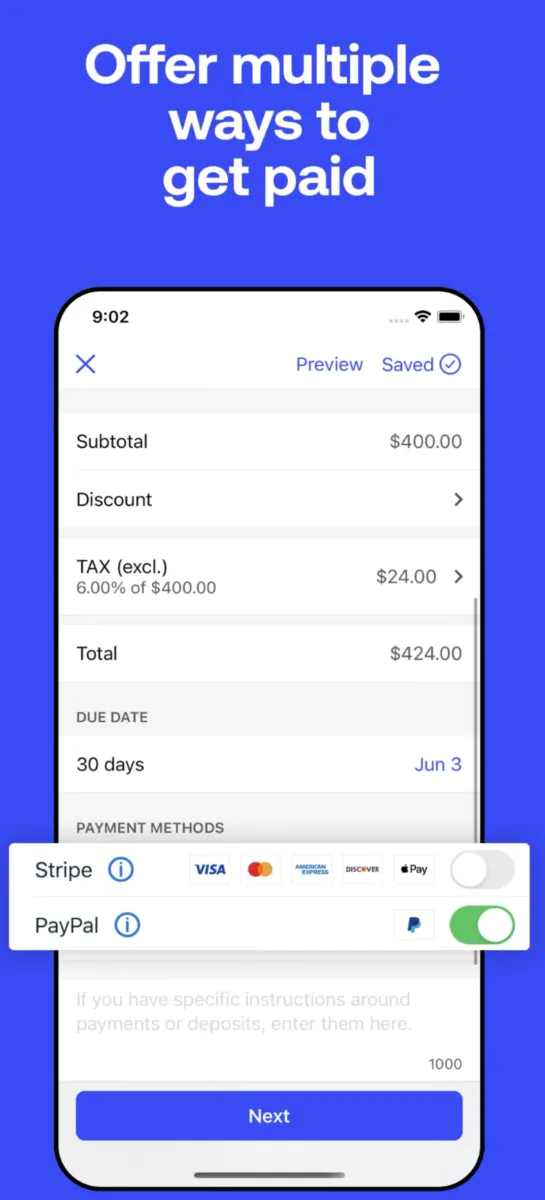Interface Invoice2Go: fonctionnalités, prix, alternatives