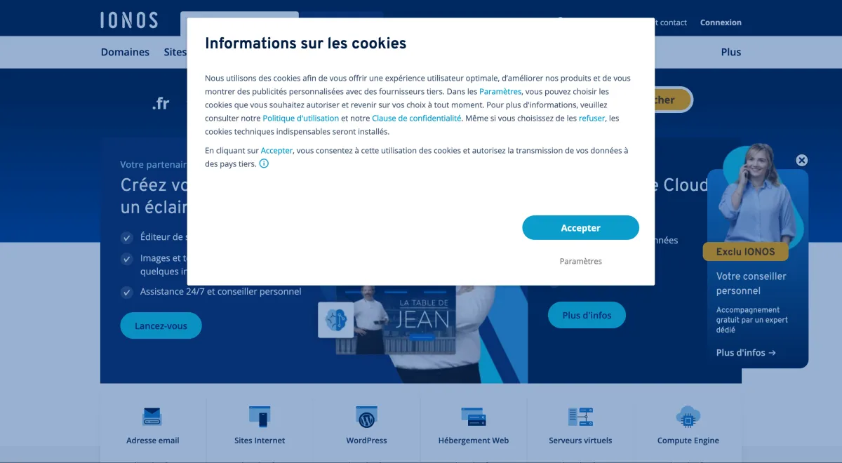 Interface Ionos Hosting : image, ergonomie, alternatives
