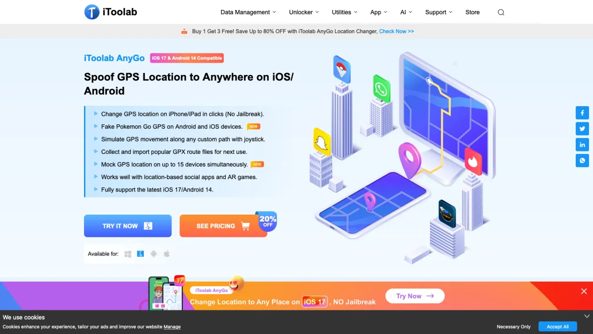 Interface iToolab AnyGo : fonctionnalités, prix, alternatives