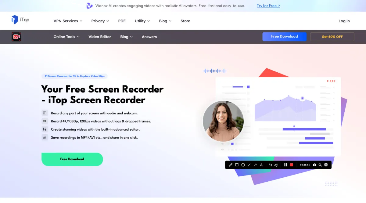 Interface iTop Screen Recorder : fonctionnalités, prix, alternatives