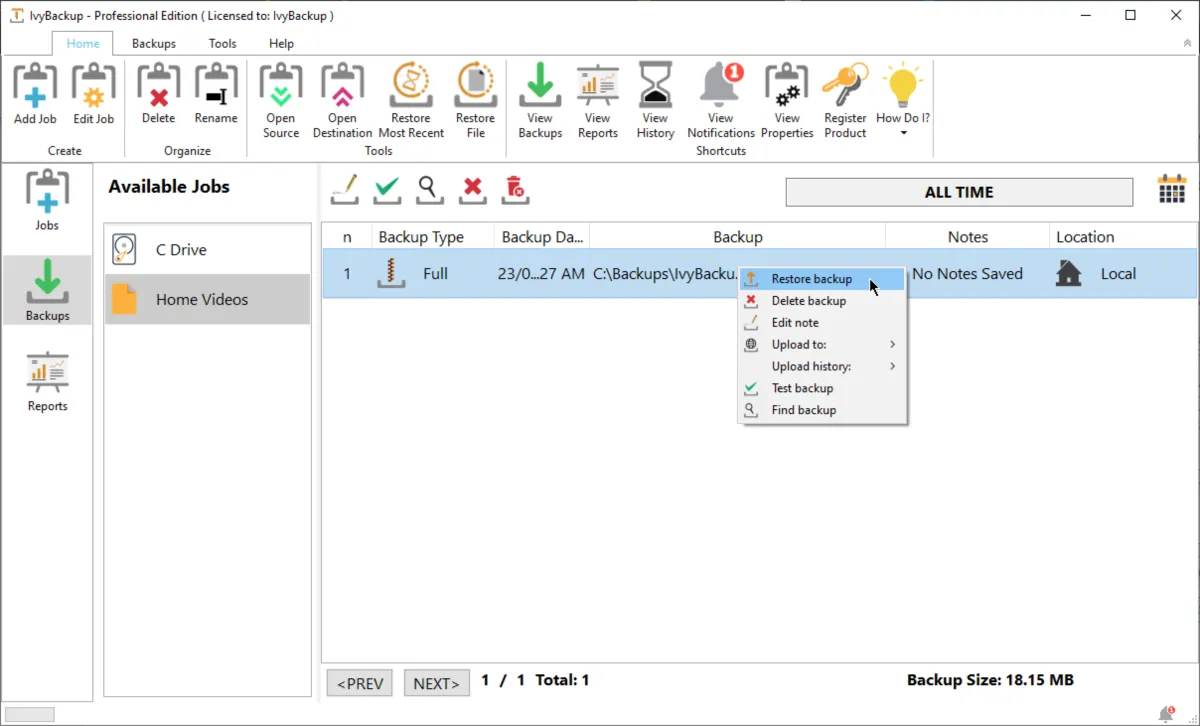 Interface IvyBackup: fonctionnalités, prix, alternatives
