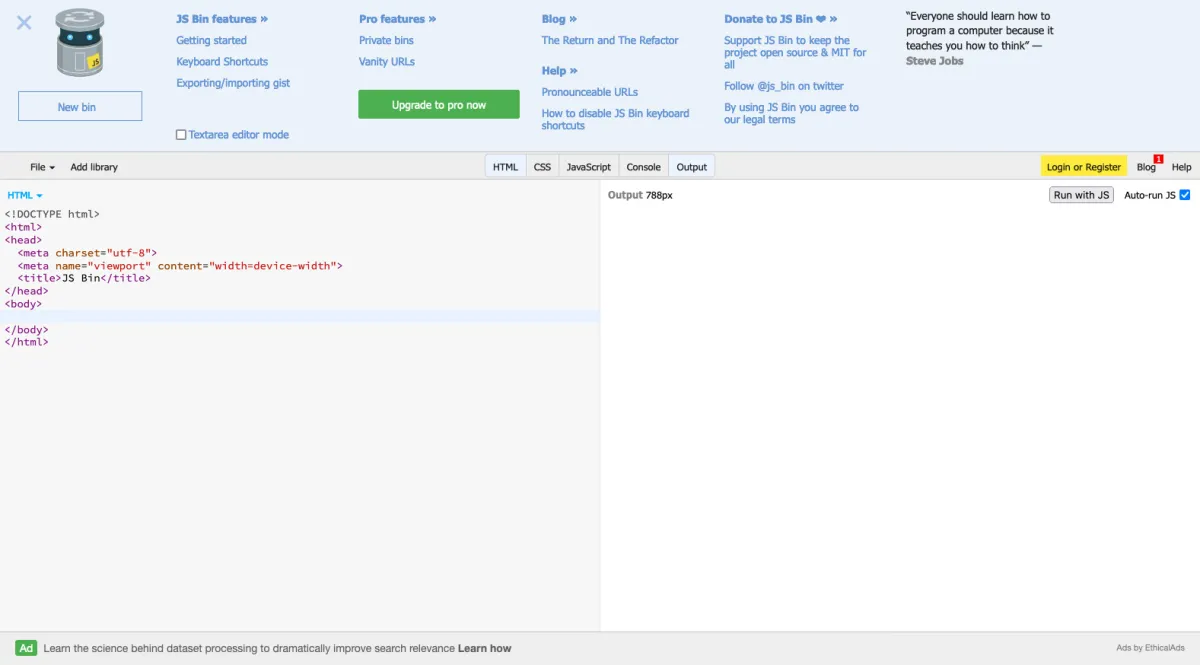 Interface JS Bin : fonctionnalités, prix, alternatives