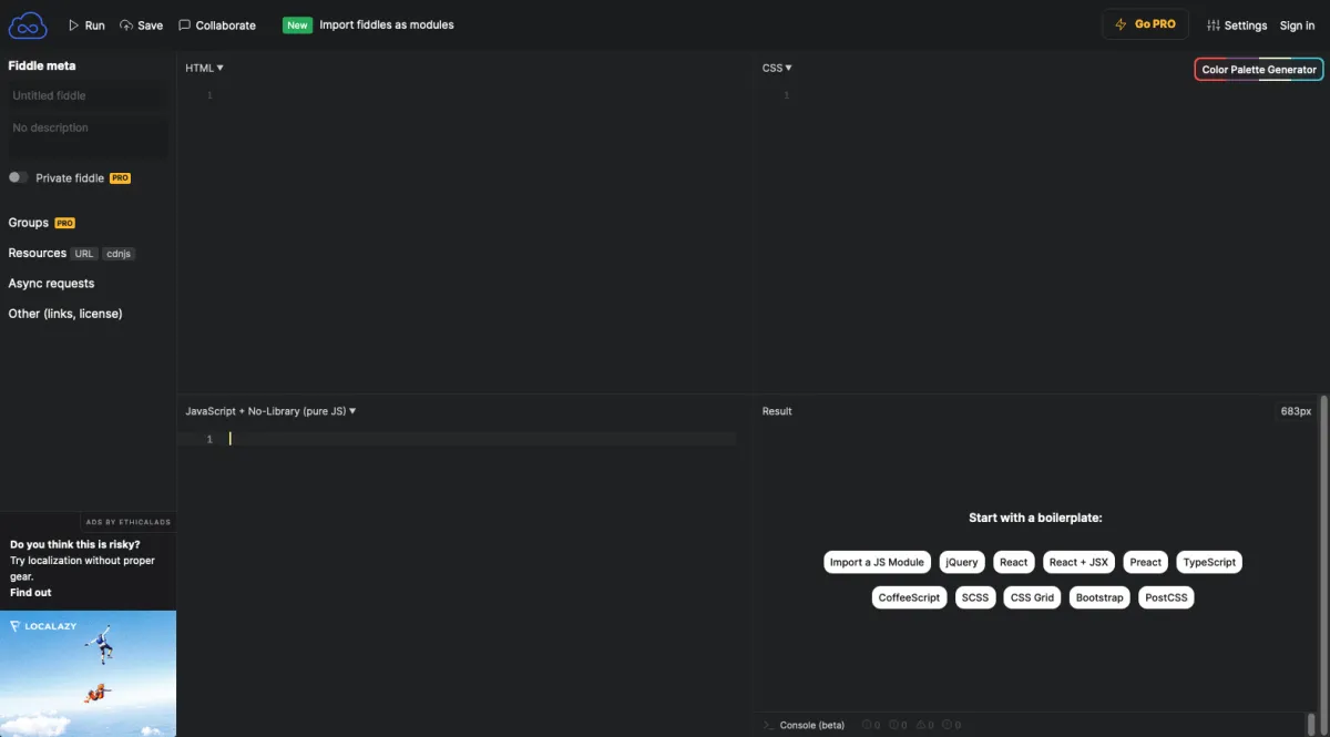 Interface jsFiddle : image, ergonomie, alternatives Interface jsFiddle : image, ergonomie, alternatives