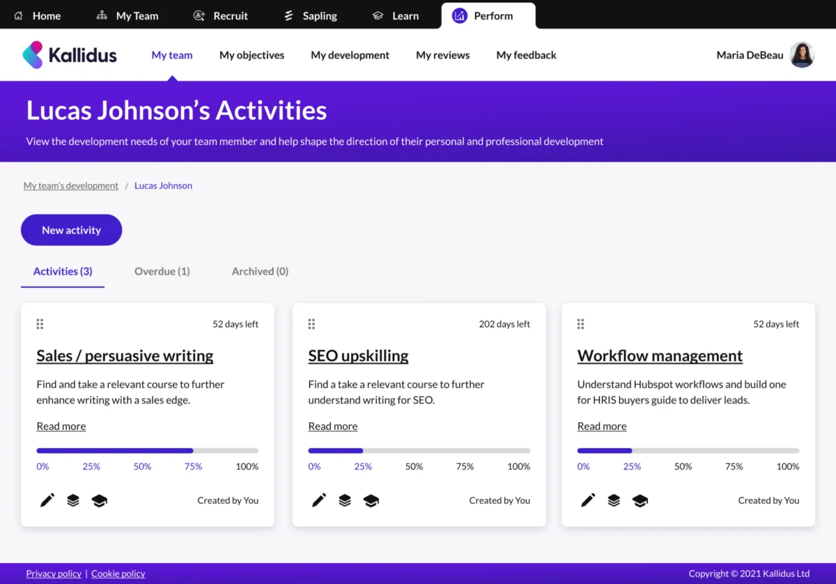 Interface Kallidus Performance: fonctionnalités, prix, alternatives