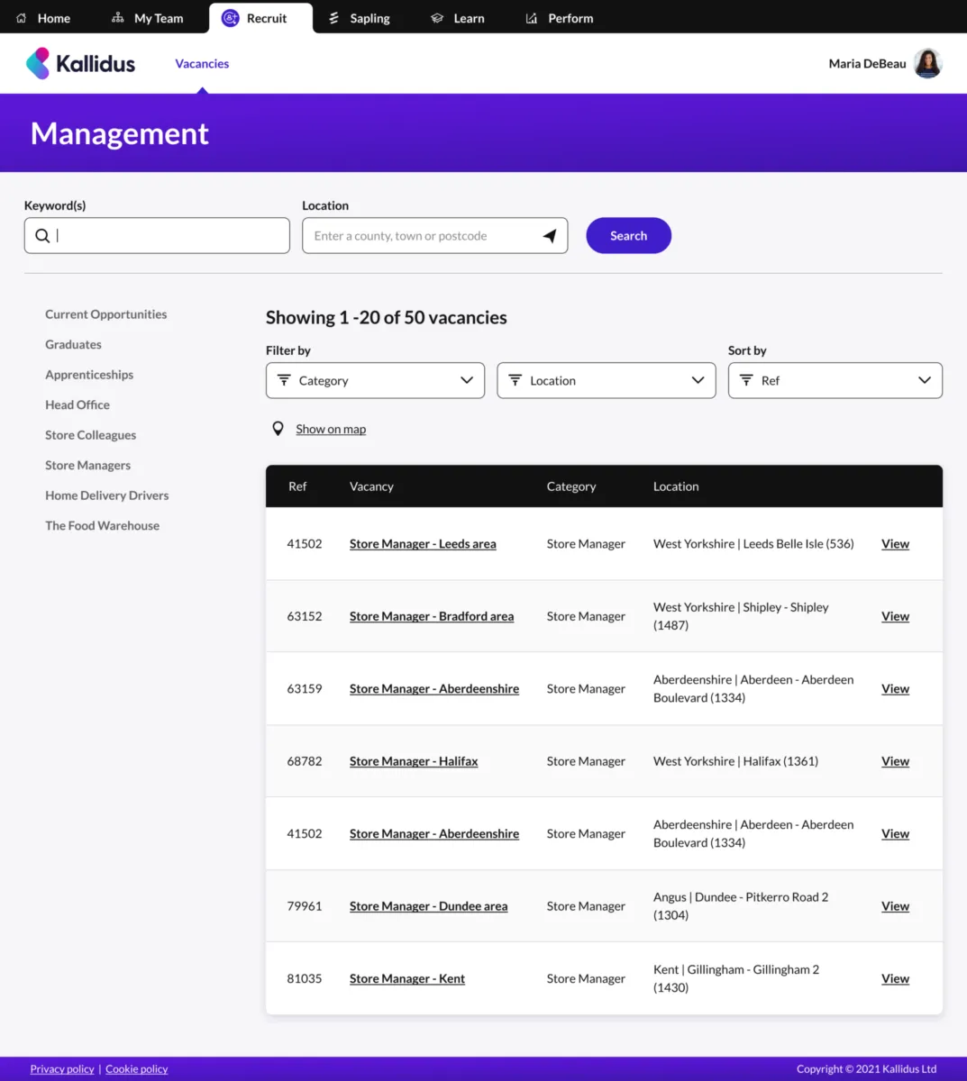Interface Kallidus Recruit: fonctionnalités, prix, alternatives