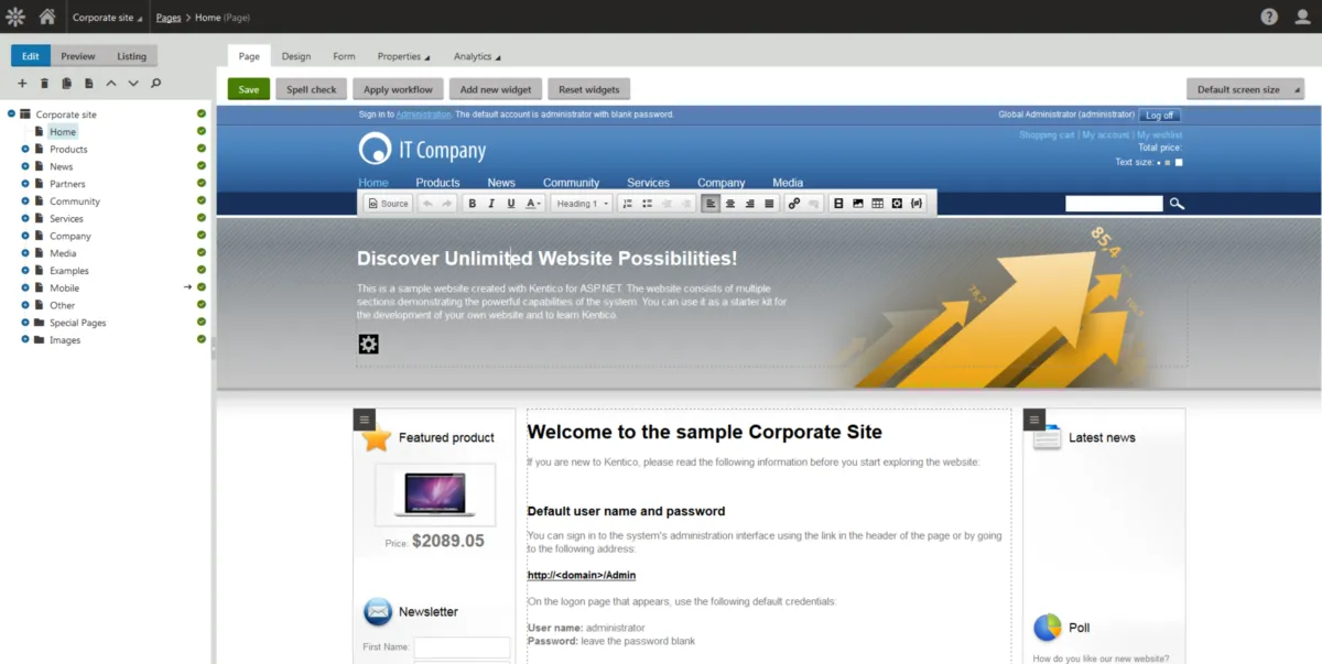 Interface Kentico CMS: fonctionnalités, prix, alternatives