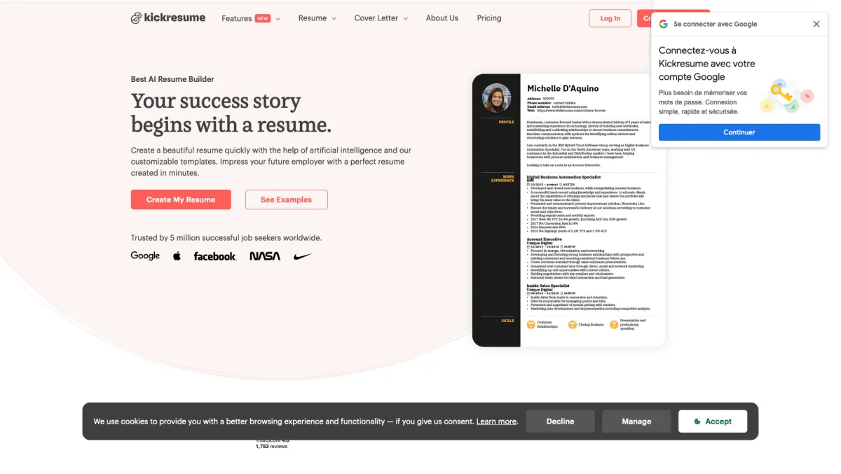 Interface Kickresume : fonctionnalités, prix, alternatives