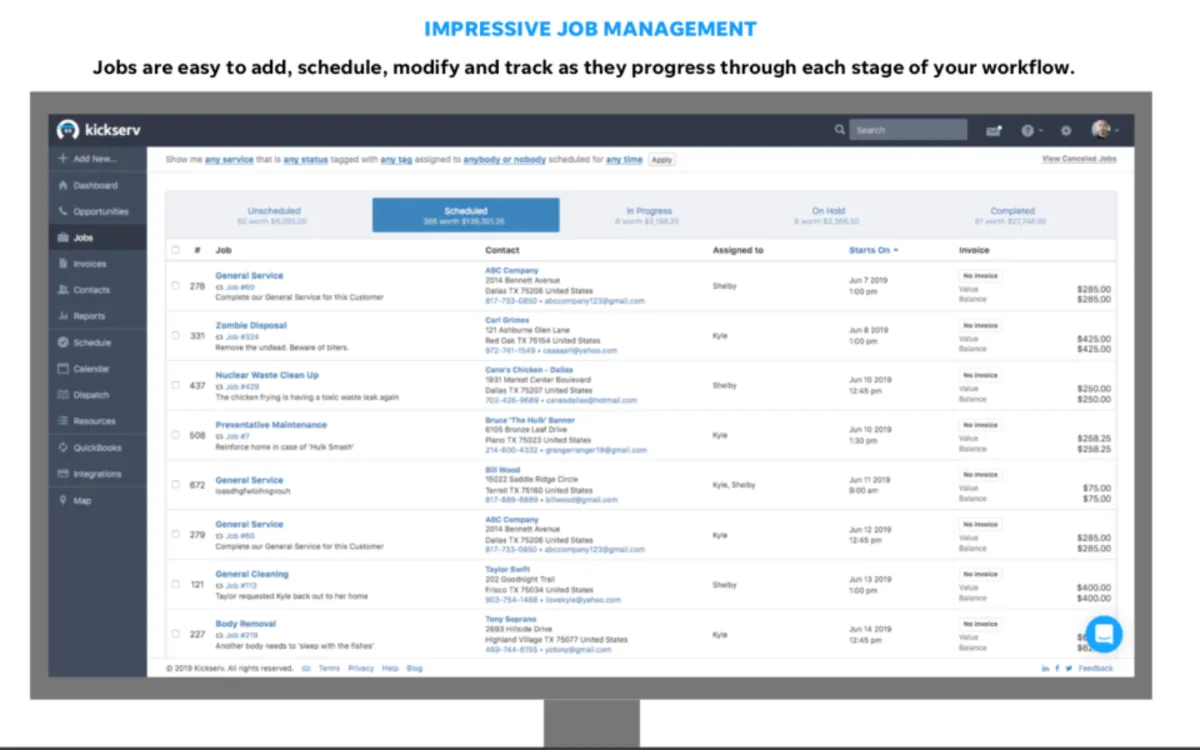 Interface Kickserv: fonctionnalités, prix, alternatives