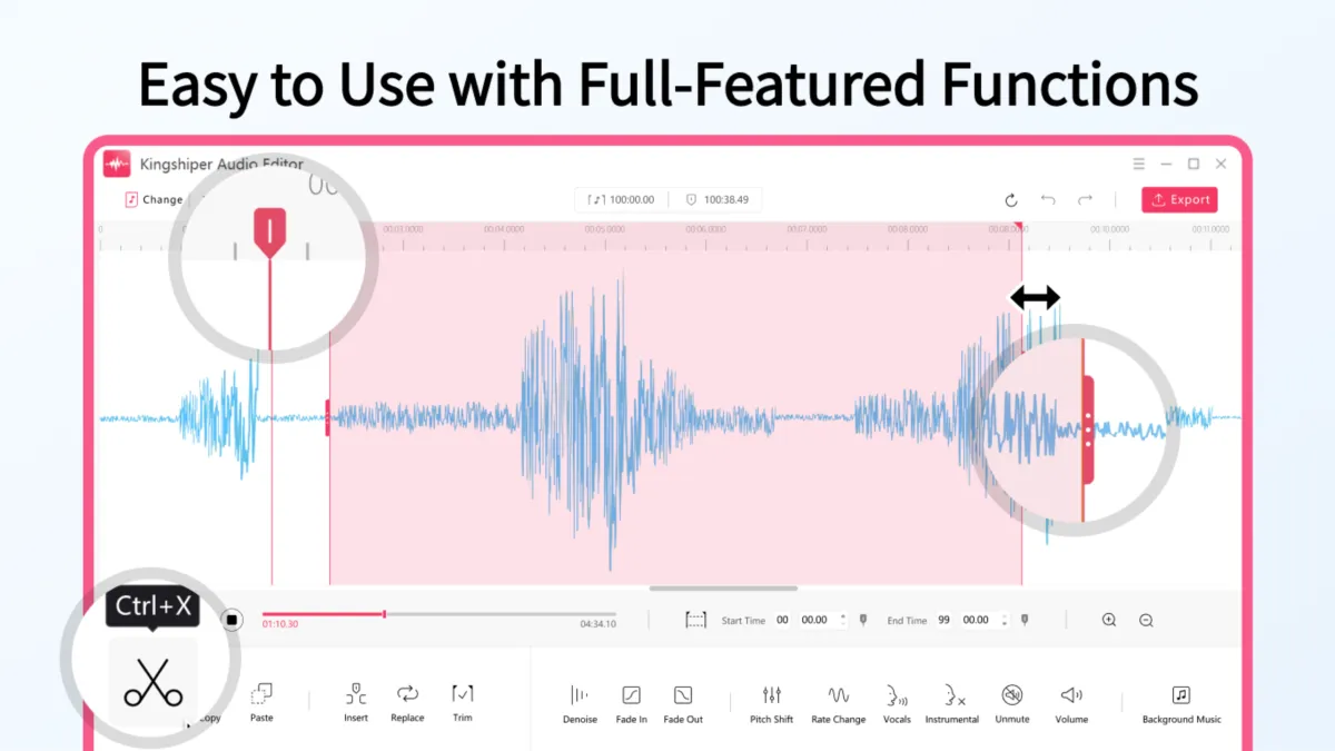 Interface Kingshiper Audio Editor: fonctionnalités, prix, alternatives