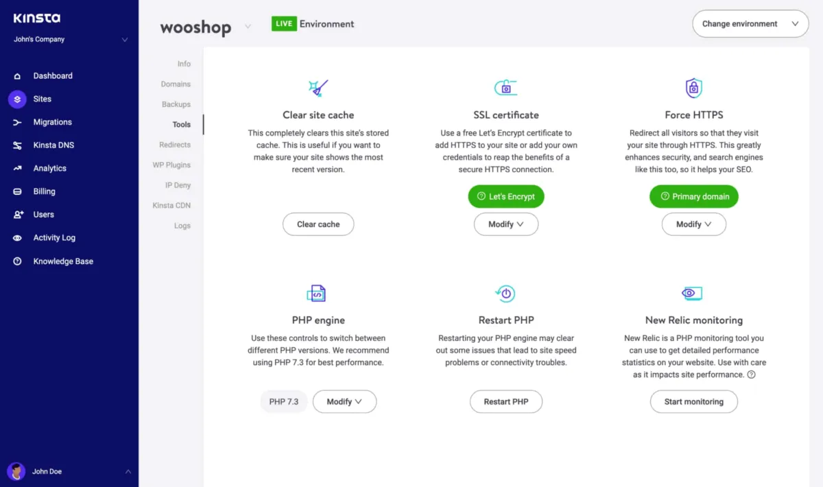 Interface Kinsta: fonctionnalités, prix, alternatives