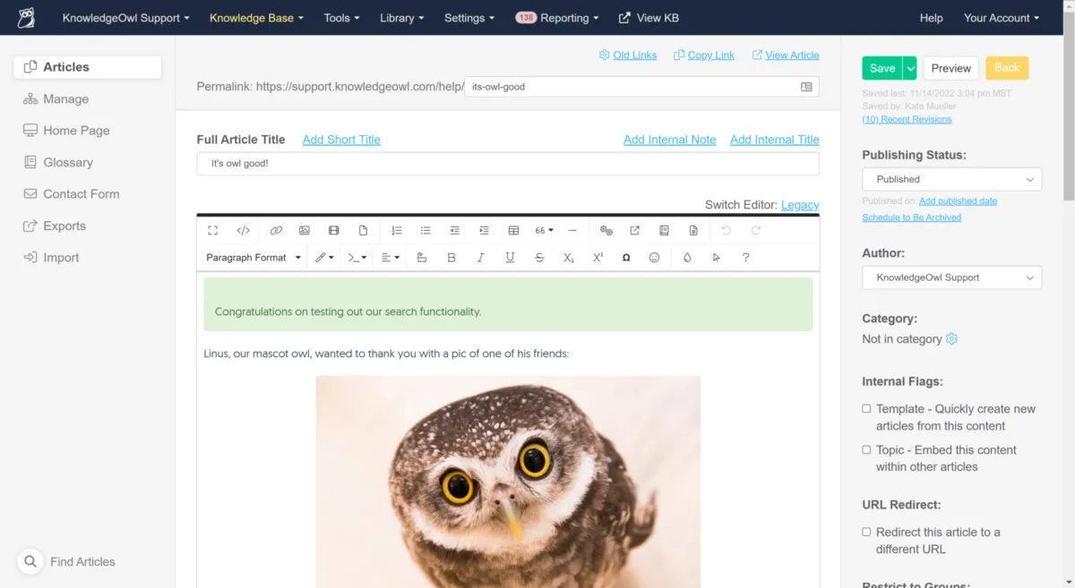 Interface KnowledgeOwl: fonctionnalités, prix, alternatives