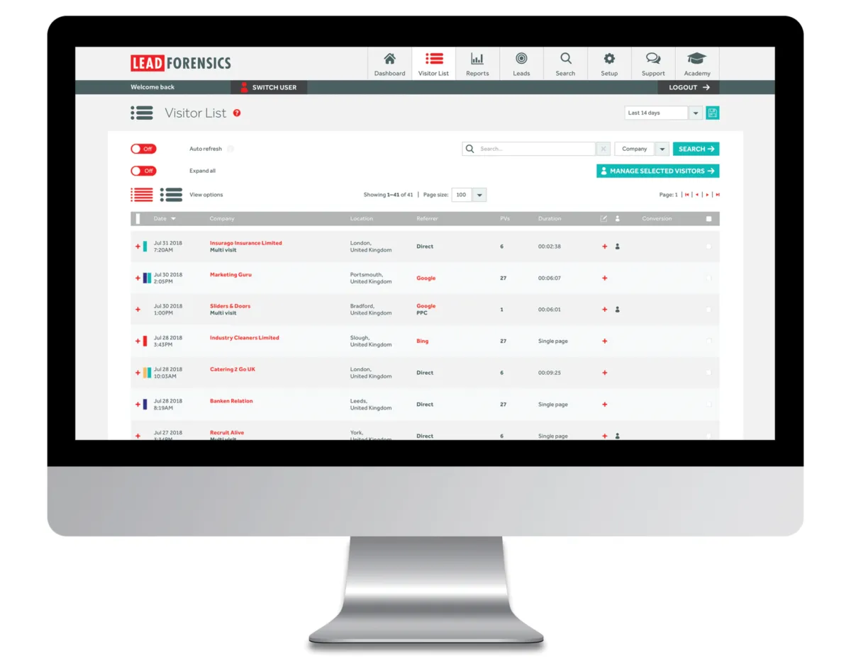Interface Lead Forensics: image, ergonomie, alternatives