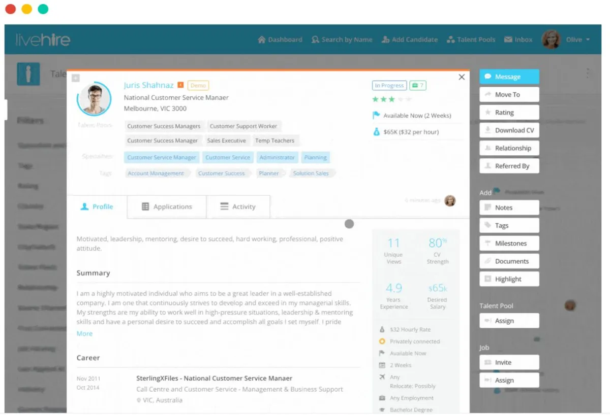 Interface LiveHire: fonctionnalités, prix, alternatives