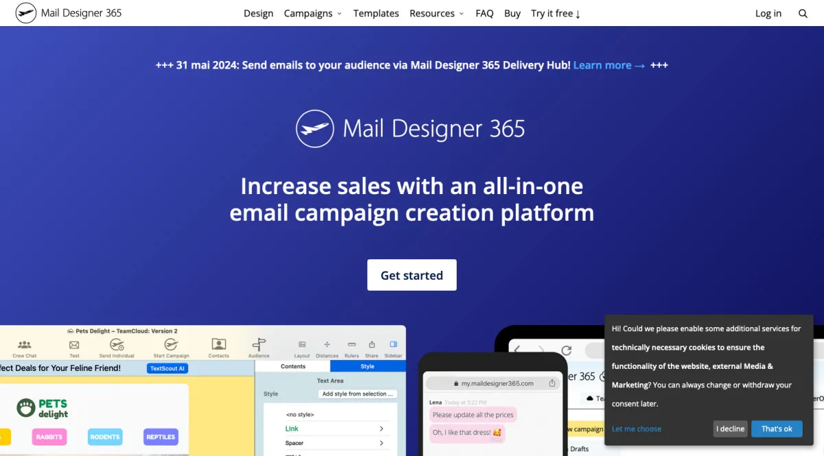 Interface Mail Designer 365 : fonctionnalités, prix, alternatives
